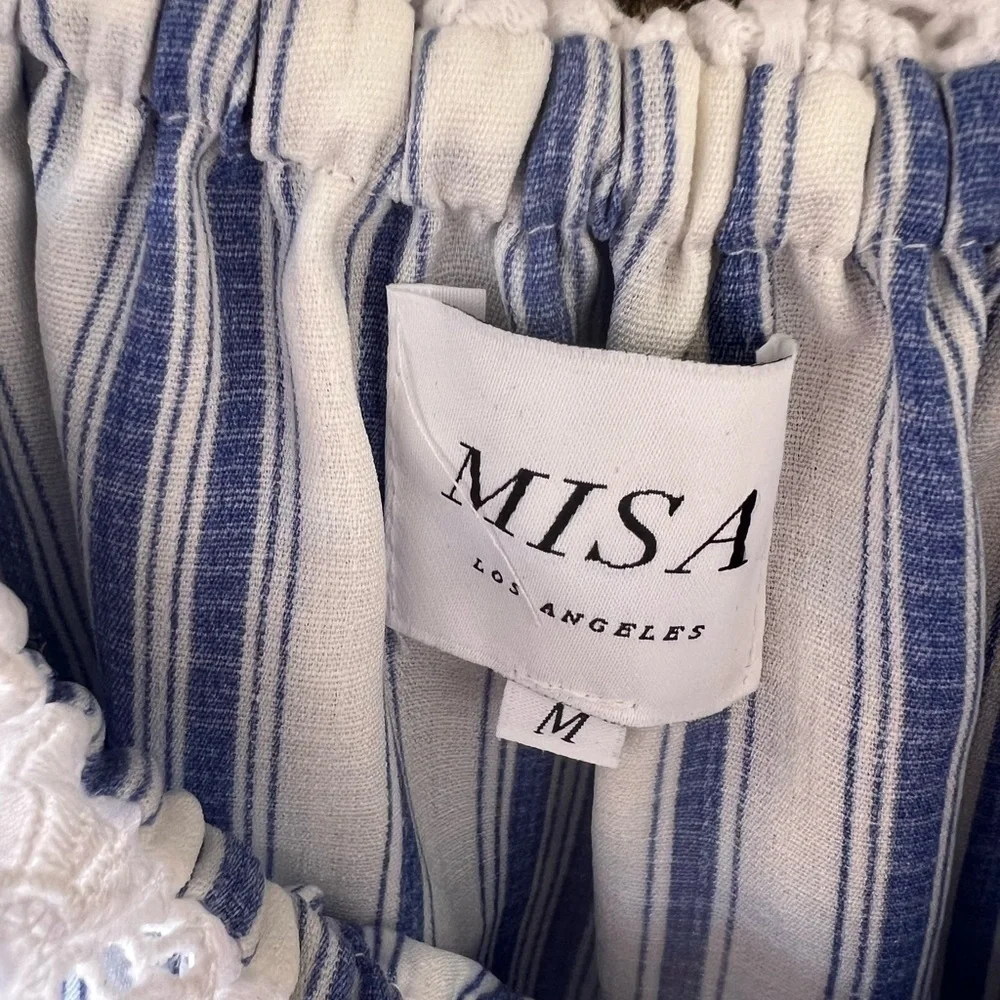 MISA Los Angeles linen off the shoulder Stripe Agot Top in Blue